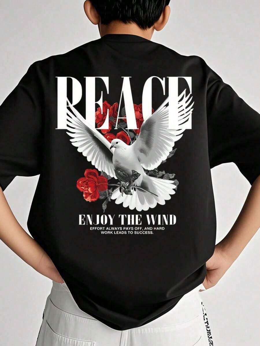 Camiseta de manga corta con cuello redondo y estampado gráfico casual para niños y adolescentes, top de verano - Negro - Ver 1