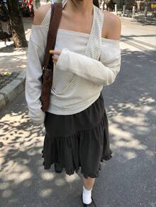 韓系街頭風波點拼接不對稱掛脖露肩長袖T恤 - 杏色 - 查看 9