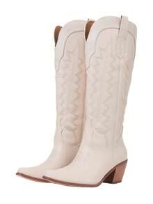 Women's Knee High Cowgirl Boots White Cowboy Boots Women Low-Heel Side Zippers Chunky Heel Pull On Shoes Western Country Embroidery Style Sexy Fashion Country Concert Combat Boots For Women Winter Fall Boots For Women Cowgirl Outfits For Women Jaripeo - trắng - Xem 7
