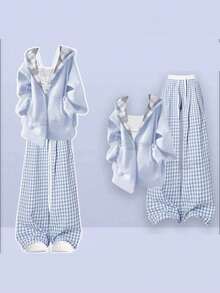 Women Two-Piece Outfits - Blue Coat + Blue Plaid Pants - View 1