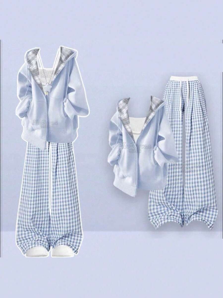Women Two-Piece Outfits - Blue Coat + Blue Plaid Pants - View 1