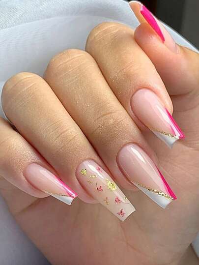 24pcs Long Trapezoid Press-On Nails, Bright Pink & Clean White Contrast Color With Gold Glitter/Foil, Energetic And Elegant. This Pink And White Contrast Color Long Nail Set Is Sweet And Cool, Full Of Girlish Charm And Delicate Details, Suitable For Dates Or Parties.