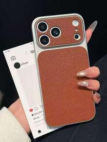 Fashion Lychee Pattern Large Window Phone Case For IPhone 17 Pro Max, 17 Pro, 16 Pro Max, 15, 14 Pro, 13, 12 Pro, 17, With Camera Protection, Matte Soft Anti-Fall Protective Cover - Dark Brown - View 2