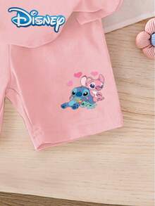Disney 夏季女婴星空可爱短袖T恤短裤套装，饰有史迪奇和天使卡通图案，弹力面料，适合婴儿日常穿着，是馈赠佳品。 - 粉色 - 查看 5