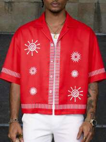 Áo sơ mi nam tay ngắn dáng rộng in họa tiết hình học màu đỏ cổ , thích hợp cho kỳ nghỉ hè, đi biển, dự tiệc, quà tặng cho bạn trai. - Đỏ - View 3