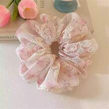 1pc Sweet & Elegant Tie-Dye Floral Embroidered Large Scrunchie, Available In Pink, Blue, Green, Suitable For Ponytail, Bun Hairstyles, Vacation & Daily Wear, Bohemian Chic Accessory Hair Elastics Hair Rubber Bands Hair Rope - Multicolor - View 14