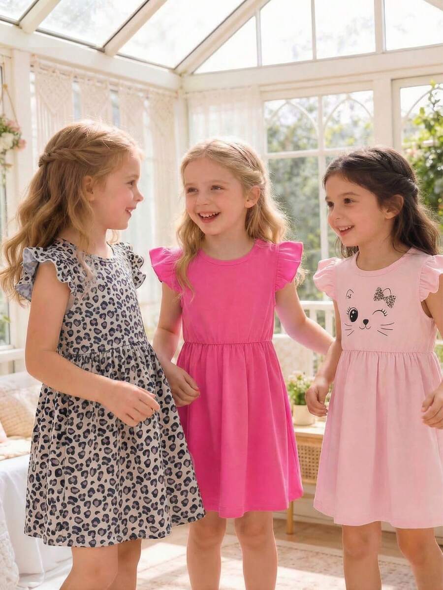 3 Pieces Set: Young Girls Casual Cap Sleeve Leopard Cat Print Dress
