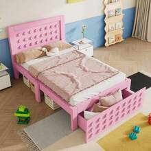 Wooden Single Bed 90x190 Cm, Children's/Youth Bed With Creative Block Design, Solid Wood Bed Frame With Slatted Base, With Drawers & Under-Bed Storage, Pink, Mattress Not Included - Pink - View 4