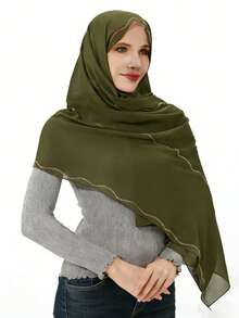 1条休闲星形印花涤纶穆斯林女式头巾，适合所有季节 - 墨綠色 - 查看 5