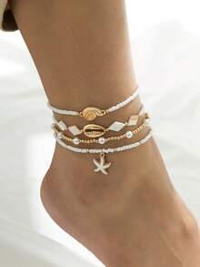Set de 4 piezas Tobillera elegante minimalista con estrella de mar y concha, adecuada para la playa, fiestas y uso diario - Blanco - Ver 7