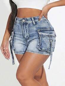 Women's Cute Casual Denim Shorts With Cargo Pockets, Medium Stretch, Zipper Fly, Straight Leg Fit - Blue - View 1