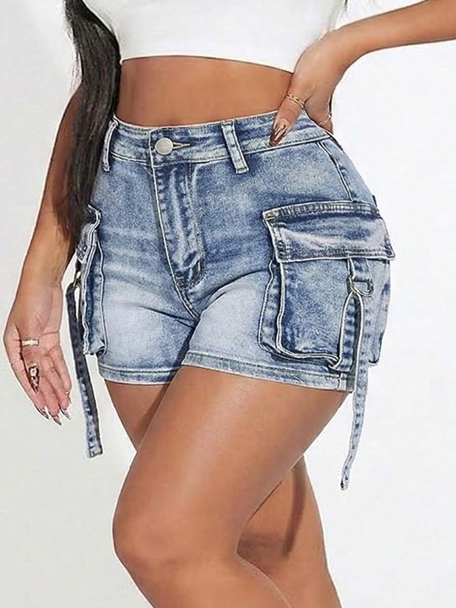 Women's Cute Casual Denim Shorts With Cargo Pockets, Medium Stretch, Zipper Fly, Straight Leg Fit - Blue - View 1