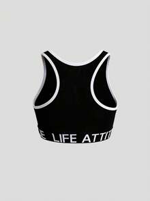 Contrast Color Letter Print Full Coverage Seamless Casual Wireless Cotton Bralette Camisole For Women - Black - View 7