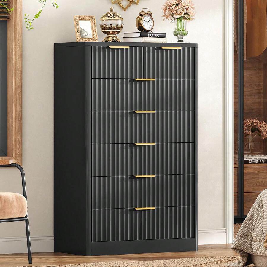 48.4''H Fluted 7 Drawer Dresser For Bedroom,  Modern Chest Of Drawers, Wood Closet Clothes Organizer For Bedroom, Hallway, Black - 黑色 - 查看 1