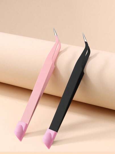 2pcs Black Powder Eyelash Tweezers, Eyelash Tools, Eyelash Curler, Eyelash Extension Tweezers, Dolphin & Feather Design Precision Flower Tweezers