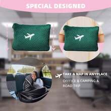 3 in 1 Travel Blanket Pillow Set - 350 GSM Thick Travel Blanket Airplane Compact with Bag Soft Bag with a Pocket Inflatable Travel Pillow for Camping and Car Trip Dark Green - Verde Oscuro - Ver 7