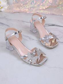 Teenage Girls' Butterfly Decor Transparent High Heel Square Toe Sandals - Silver - View 9
