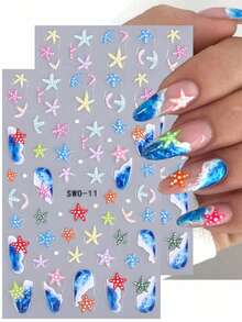 SWEET TREND 5D卡通海星美甲贴纸2片装 蓝色海洋波浪 可爱彩色海星海洋动物设计 DIY夏季卡哇伊凝胶指甲油 自粘沙龙贴纸 滑动式美甲装饰 美甲用品 - 彩色 - 查看 8
