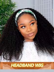 Kinky Curly Headband Wig Human Hair Glueless Brazilian Wigs Upgrade 3 IN 1 Half Wig With Drawstring Seamless Clip Ins Flip Over Remy Full Machine Made Headband Wig For Women - Natural Black - View 2