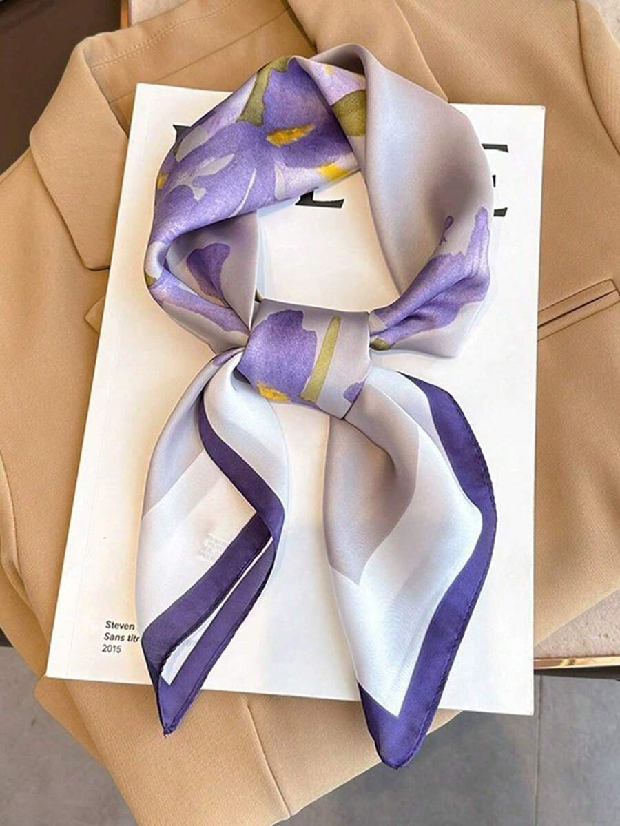 1 pieza Pañuelo cuadrado de 68 cm (26.77 pulgadas) con estampado de seda sintética, accesorio de moda para mujer, pañuelo multifuncional transpirable para la cabeza y el cuello - Morado - Ver 1