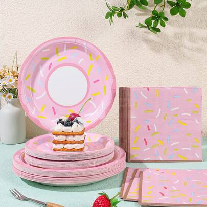 一次性派对餐具套装 - 甜甜圈图案，7/9 英寸纸盘，餐巾纸，适用于性别揭晓派对、庆祝活动、生日、婚礼、单身派对、家庭聚会、野餐