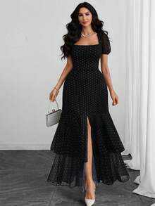 女士法式方领泡泡袖浪漫性感优雅现代波点印花领腰双开衩下摆多层连衣裙，适合约会、度假和日常生活 - 黑色 - 查看 6