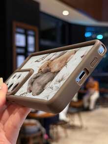 1pc Dual Rabbit & Butterfly Pattern Shockproof Phone Case, Minimalist Ins Style Thick Coffee Brown Phone Cover Compatible With Apple 17 Pro Max/11/12/13/14/15 Pro Max/16 Plus/16 Pro Max/16E, Galaxy A55/A15/S24 Ultra/S25 Ultra, Honor, One Plus - Brown - View 5