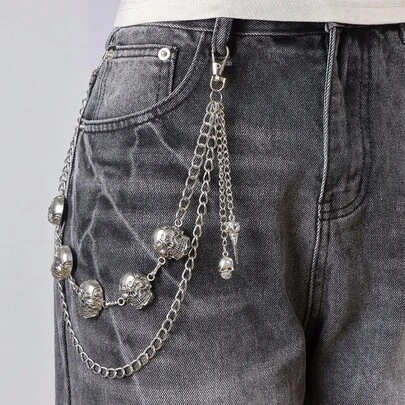 1pc,Silver, Hip-Hop Punk Metal Skull Waist Chain With Multiple Layers Of Chains, Decorative Pants Chain In European And American Style, Personalized And Cool Skull Pants Chain, Suitable For Fashion Outfits, Punk, Goth, Y2K, Street Style, Music Festivals, Live Houses, Rock Performances, Conventions, Cosplay, Daily Wear, Photo Shoots, Halloween Gifts, Birthday Gifts, Anniversary Gifts, Valentine's Day Gifts, Graduation Gifts, Back-To-School Gifts, Everyday Gifts