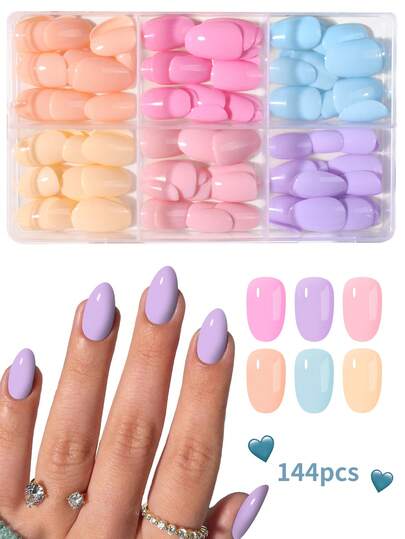 144pcs/Box (6 Mixed Colors) Short Oval Glossy Macaron Solid Color Nail Stickers, Pressure-Sensitive, Suitable For Pink, Blue, Yellow, Purple Short Almond-Shaped Nails, Perfect Fit Acrylic Fake Nails Set, Includes: 1pc Jelly Gel And 1pc Nail File, Suitable For Women And Girls For Daily And Party Use