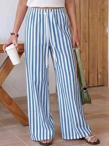 Quần ống rộng kẻ sọc hồng phong cách Boho cho nữ, nhẹ nhàng, thoải mái, thích hợp mặc đi biển vào mùa hè, kích cỡ tiêu chuẩn của Mỹ nhưng được thiết kế nhỏ hơn một chút, quần kẻ sọc nhẹ mùa hè cho nữ, cạp chun cao, ống rộng thoáng mát, dáng rộng thoải mái, quần kẻ sọc dọc màu hồng cho nữ, nhẹ, cạp cao, phong cách Boho, ống rộng, thích hợp đi biển vào mùa hè. - Xanh và trắng - Xem 2