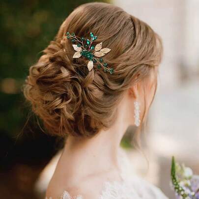 1 pieza Peineta de pelo con forma de hoja bohemia de lujo y brillante, diadema nupcial hecha a mano con cristal de hoja verde esmeralda y dorada, adecuada para boda, estilo vintage, baile de graduación, fiesta de cumpleaños, accesorios para fiestas