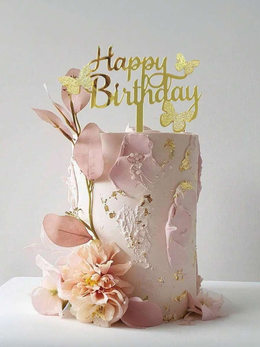 3pcs Gold Butterfly "Happy Birthday" Cake Topper, Suitable For Birthday Party, Anniversary, Valentine's Day, Modern Letter Shaped Cake Decor, Creative Gift For Family And Friends, Applicable For Birthday, Mother's Day, Summer, Halloween, Christmas - Multicolor - View 1