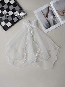 1pc Women White Veil Double Layers Lace Brim Faux Pearl Mesh Bridal Head Piece, For Party Festival Daily Use. Valentine's Day Accessories,Wedding Hair Accessories - White - View 2
