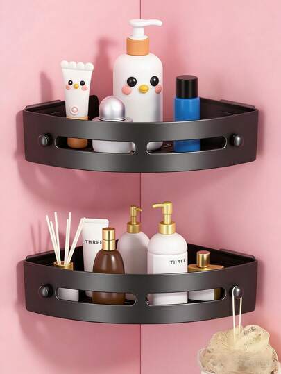 2pcs - Corner Shower Caddy, Black Wall Mounted Bathroom Storage Rack, Plastic Organizer Shelf With Drainage Holes, Suitable For Kitchen And Bathroom, Crack-Resistant (Smooth Tile, Non-Textured Tile) Bathroom Accessories