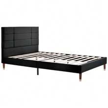 Upholstered Bed, Double Bed With Slatted Base, 140x200cm Upholstered Bed Frame With Headboard, In Velvet, For Adults & Teenagers (With Spring Mattress) - Black - View 5