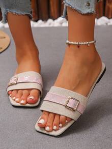 Women's Flat Square Toe Non-Slip Sandals, Casual Versatile Summer Open Toe Slippers, Fashion Belt Decor, Minimalist & Elegant, Suitable For Daily Wear, Festivals, Parties, And Home - Pink - View 3