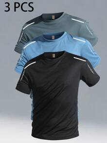 3件套男士撞色条纹运动T恤，透气舒适休闲上衣，适合运动、街头、日常、通勤和户外活动，春夏款 - 彩色 - 查看 1