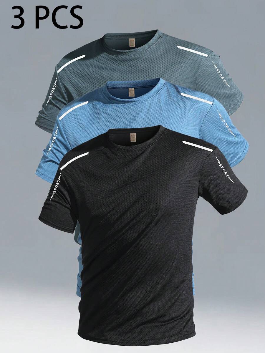 3件套男士撞色条纹运动T恤，透气舒适休闲上衣，适合运动、街头、日常、通勤和户外活动，春夏款 - 彩色 - 查看 1