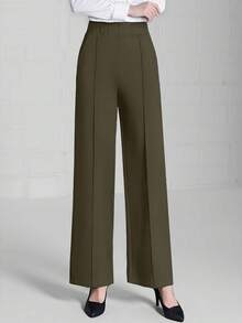 2025秋冬直筒裤，女士宽松高腰休闲裤，优雅妈妈套装裤 - 軍綠色 - 查看 2