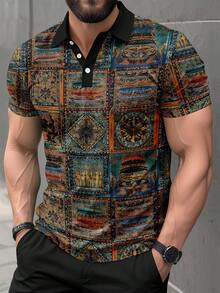 Áo sơ mi nam tay ngắn cổ polo cài cúc phía trước, họa tiết retro, thích hợp mặc hàng ngày. - Nhiều màu - Xem 1