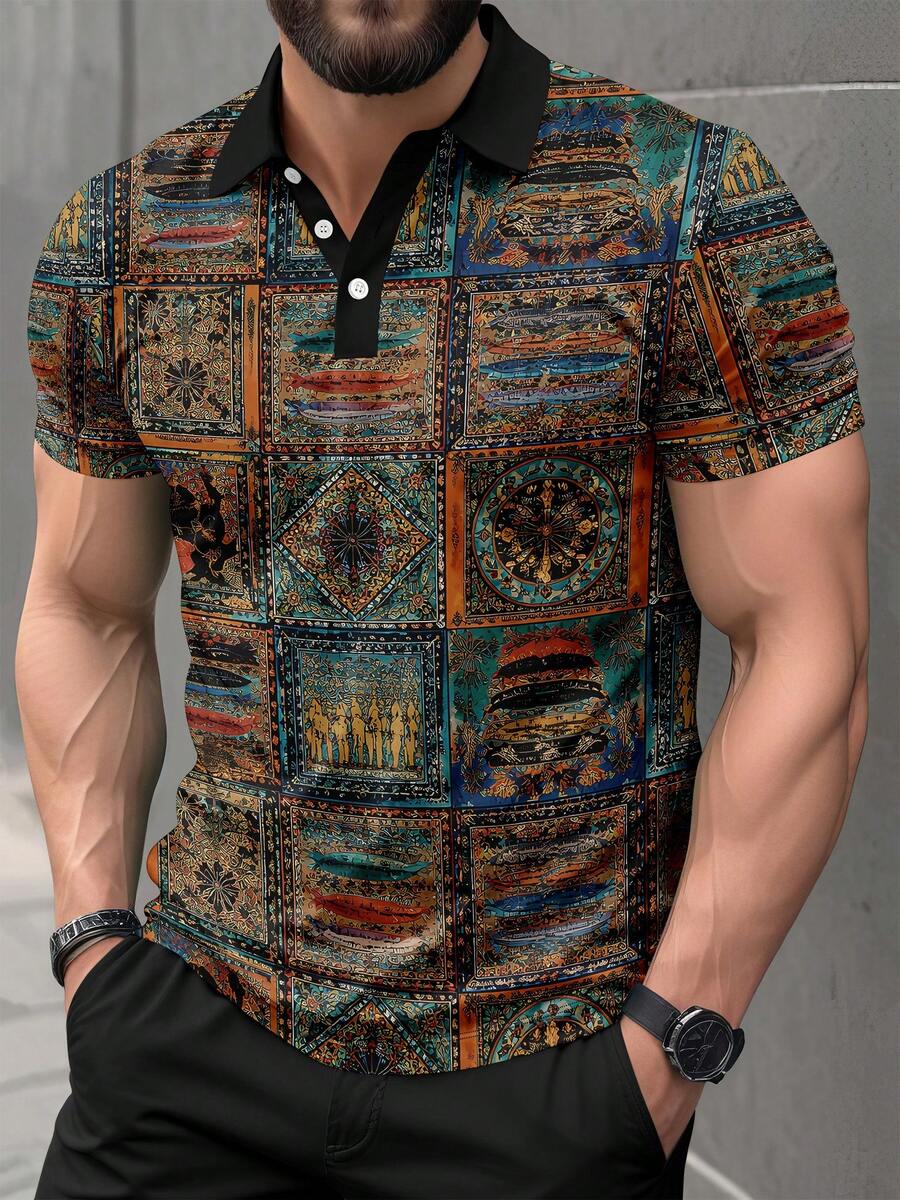 Áo sơ mi nam tay ngắn cổ polo cài cúc phía trước, họa tiết retro, thích hợp mặc hàng ngày. - Nhiều màu - Xem 1