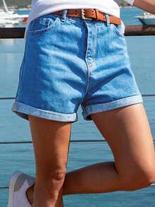 Quần short denim xanh mùa hè 2025, quần ống đứng xếp ly thời trang mới mùa xuân, quần jeans cạp cao phong cách đường phố dành cho nữ, trang phục Y2K. - Màu xanh lam - Xem 1