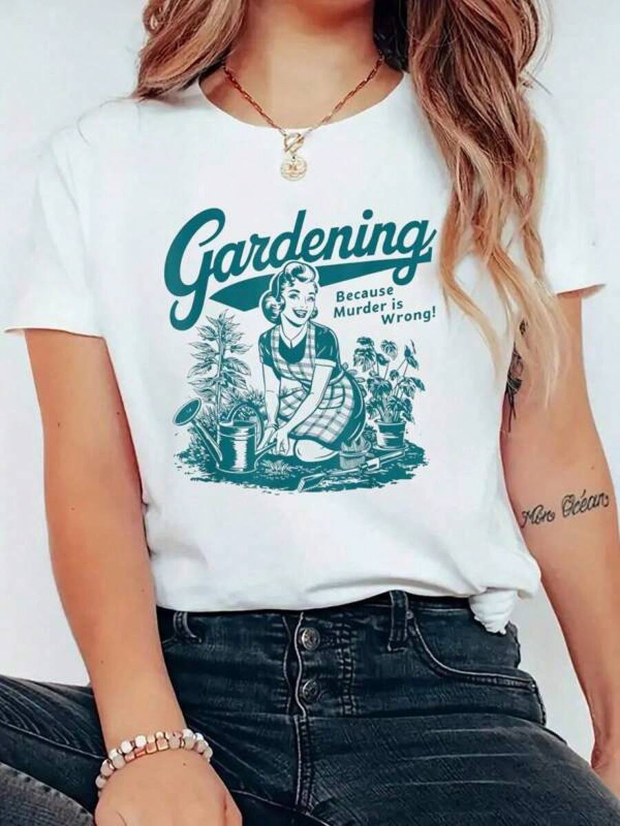 Graphic-Shirt Cotton Tees Size PlusFunny Gardening Because Is Wrong Gardener Plant Mom T-Shirt Print T-Shirt, Casual Crew Neck Short Sleeve Comfort Tee Top For Spring & Summer, Women's Clothing ,Y2K,Oversized Shirt Men,Summer Tops - 白色 - 查看 1