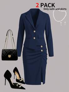 Women's Elegant Commuter Style Blazer Jacket Paired With Split Hem Skirt 2 Pieces Set, Spring/Summer - Navy 22 - View 3