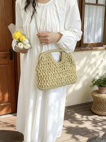 手工编织小号斜挎包，新款编织单肩包，小众海滩风，百搭方形信封包，时尚斜挎包，带链条度假沙滩包 - 白色 - 查看 4