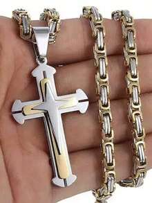 Minimalist Gold & Silver 3-Layer Cross Pendant Necklace, Stainless Steel Chain, Fashionable Versatile Charm Jewelry, Party Accessory Gift - Necklace - View 1