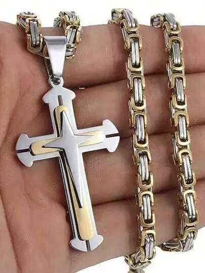 قلادة عليها صليب ذهبي وفضي ثلاثي الطبقات، سلسلة من الفولاذ المقاوم للصدأ، مجوهرات جذابة متعددة الاستخدامات، هدية اكسسوار للحفلات