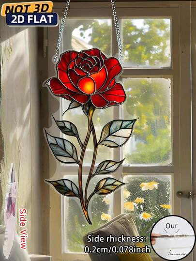 2D Flat - Suitable For All Seasons, This 2D Acrylic Sunlight Catcher Features A Charming Red Rose Design. With Vibrant Stained Glass-Like Colors, It's Perfect For Hanging In The Bedroom Windows Of Cat Lovers And Nature Enthusiasts, Weddings, Floral, Kitchen Accessories, Home Decor, Bedroom Posters