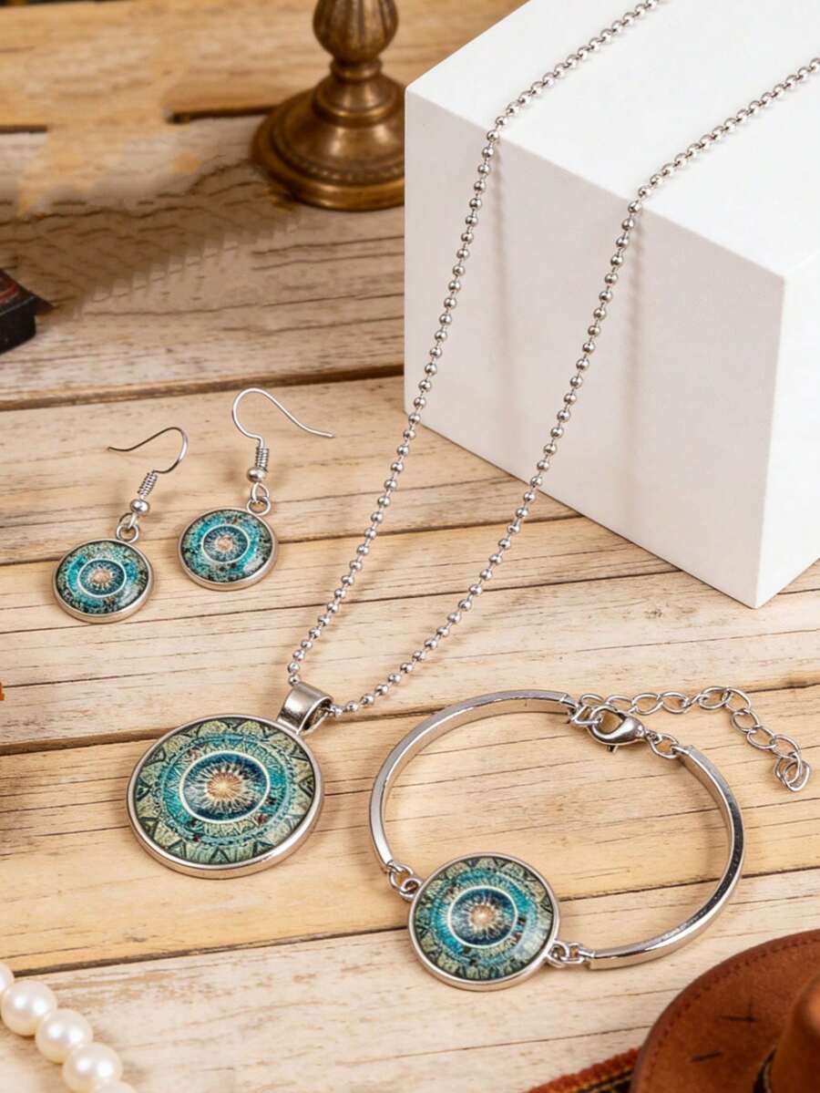 Bộ trang sức 3 món đá quý Mandala xanh cổ điển, gồm vòng cổ, bông tai và vòng tay, thiết kế độc đáo. - Bạc - Xem 1