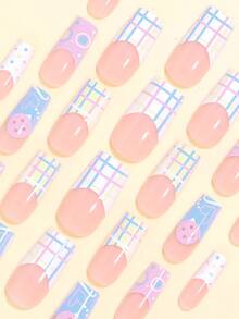 24 piezas de pegatinas acrílicas para uñas cuadradas medianas, con diseños de bloques de color pastel, cuadros, botones rosas, corazones y círculos estilo Y2K, y lunares de colores. Incluye cinta adhesiva y lima de uñas mini, adecuado para mujeres y niñas, agregando encanto Y2K a tu apariencia - Multicolor - Ver 4
